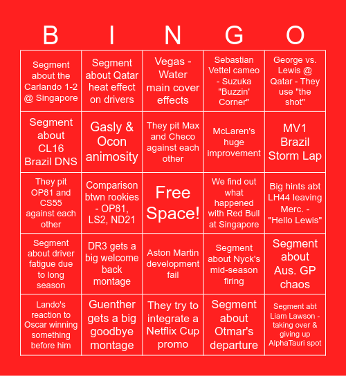 F1 DTS 2024 Bingo Card