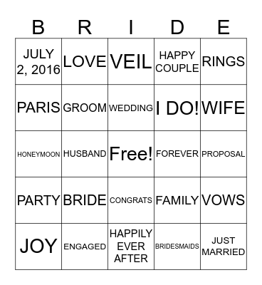 Bethany's Bridal Shower Bingo Card