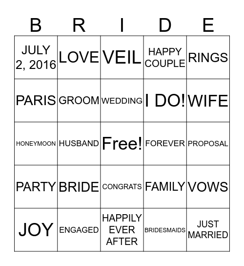 Bethany's Bridal Shower Bingo Card