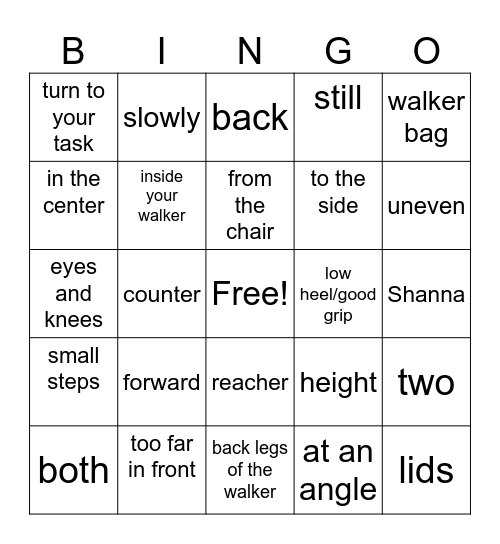 Walker Safety Bingo Card