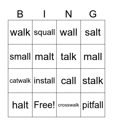 Spelling pattern all/alk/alt Bingo Card