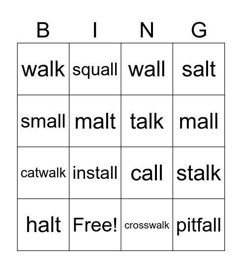 Spelling pattern all/alk/alt Bingo Card