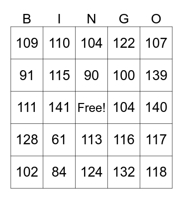 Column Addition Bingo Card