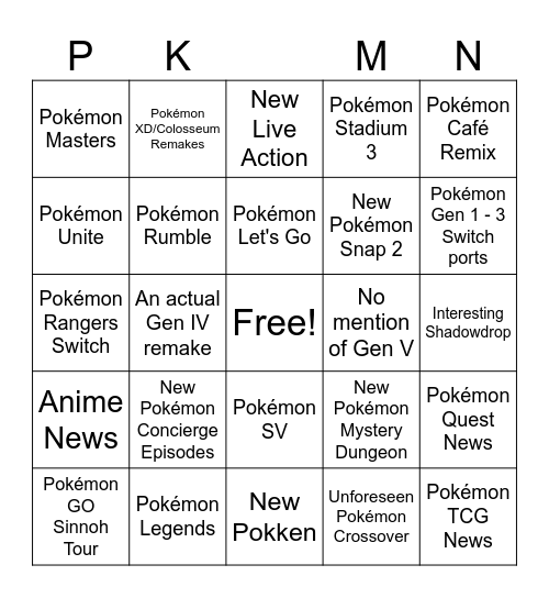 Pokémon Presents 2024 Bingo Card