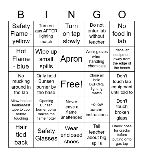 Lab Safety Bingo Card