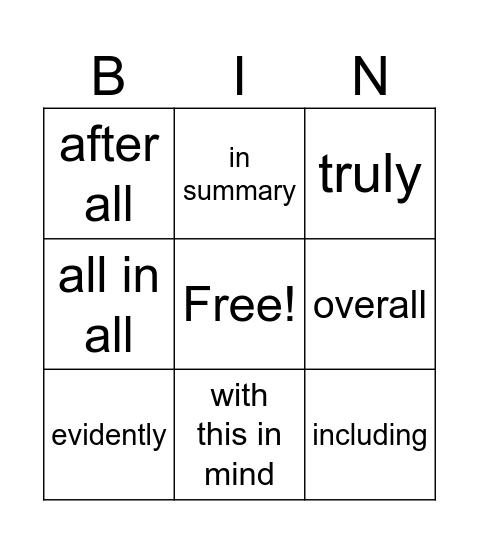 Basic 3rd Grade Transition words Bingo Card