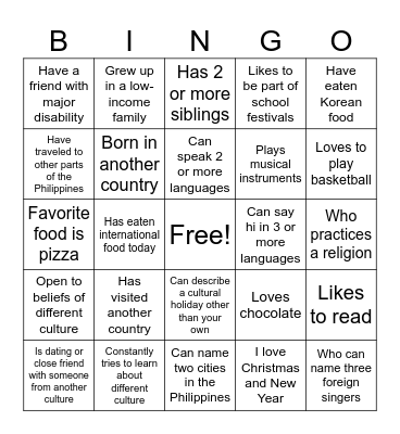 Cultural Diversity Bingo Card