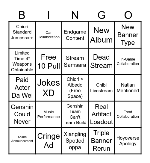 4.5 Genshin Livestream Bingo Card