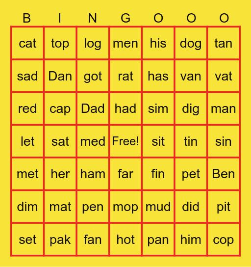 CVC WORDS Bingo Card