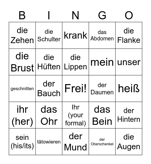 Körperteile Vocabulary Bingo Card