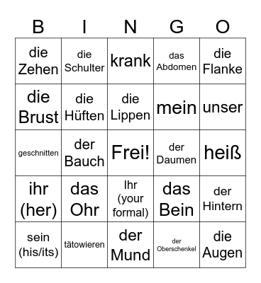 Körperteile Vocabulary Bingo Card