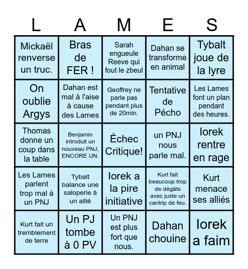 Le Bingo des Lames Bingo Card