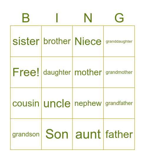 Family members Bingo Card