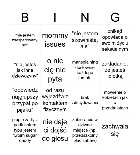 bingo rozmowy z mężczyzną Bingo Card