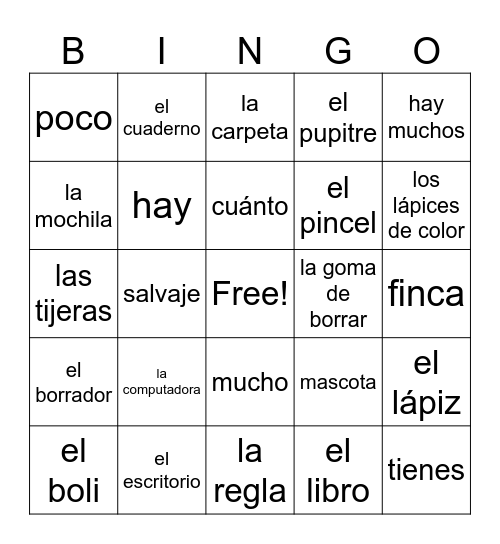 Las Cosas de La Clase- Unidad 6 Voc 2 Bingo Card