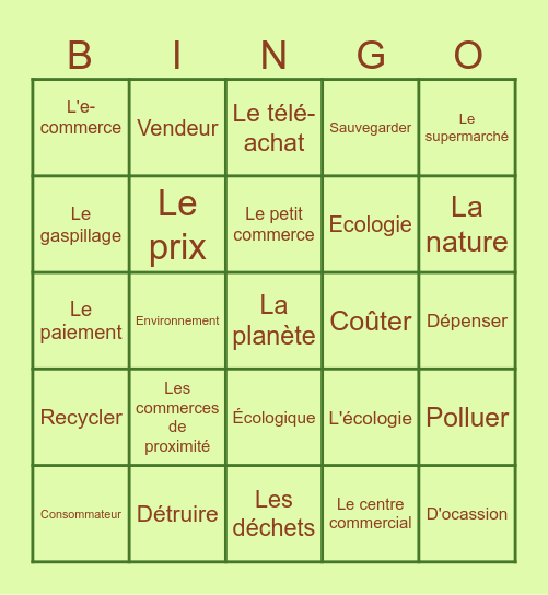 Vivre autrement Bingo Card