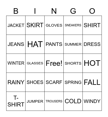 Clothes Bingo Card