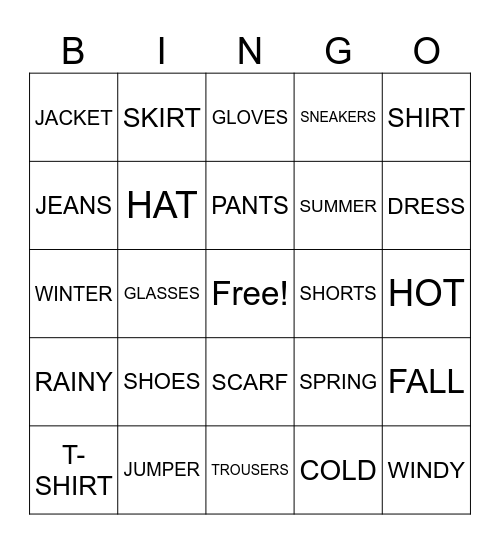Summer Clothes Bingo Card