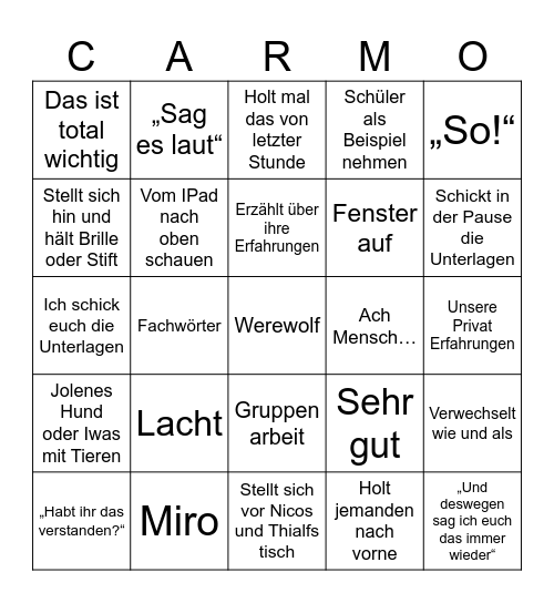 Carmen Bingo Card