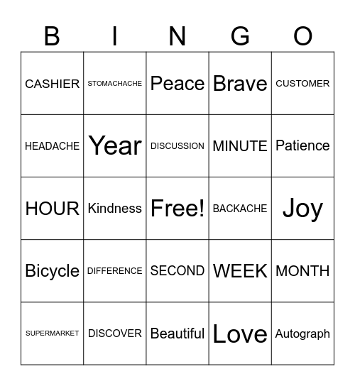 Vocabulary Bingo Card