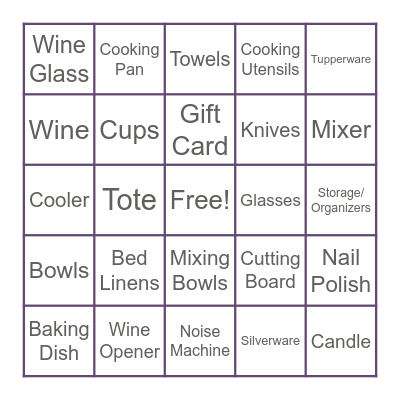 Bridal Gift Bingo Card