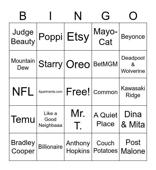 Super Bowl Ad Bingo Card