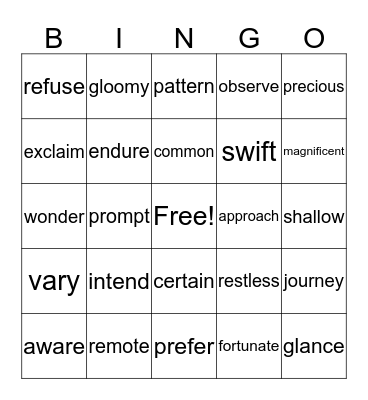 Vocabulary (green) Bingo Card