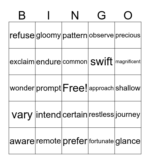 Vocabulary (green) Bingo Card