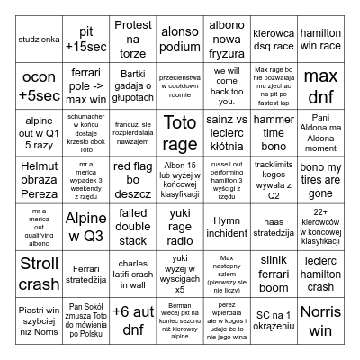 F1 2024 Bingo Card