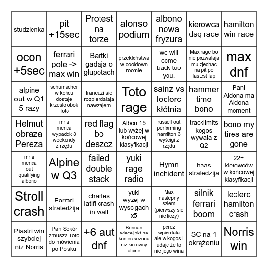 F1 2024 Bingo Card
