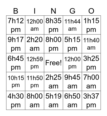 Telling Time in French Bingo Card