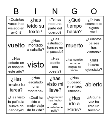 Presente perfecto/imperfecto/pretérito Bingo Card