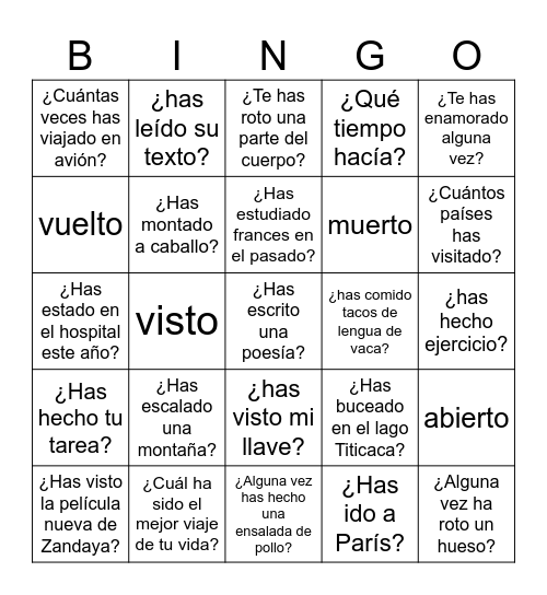 Presente perfecto/imperfecto/pretérito Bingo Card