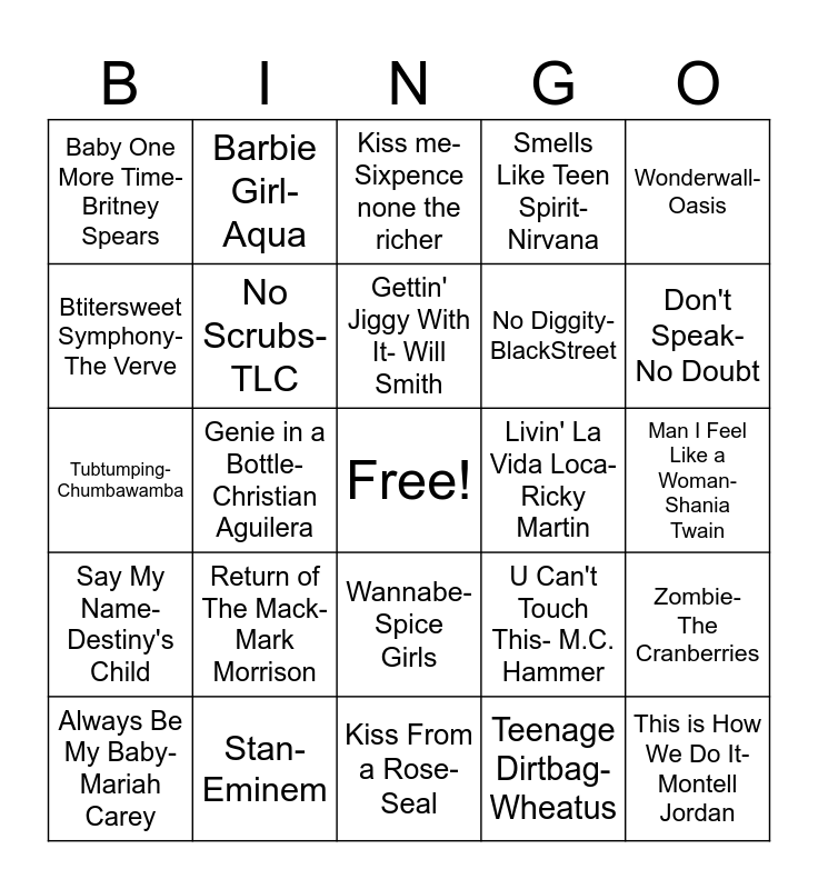 90s Hits Bingo Card