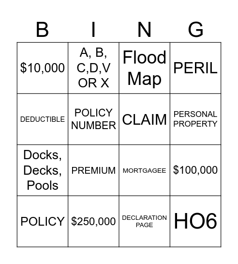 Flood and Condo Bingo Card