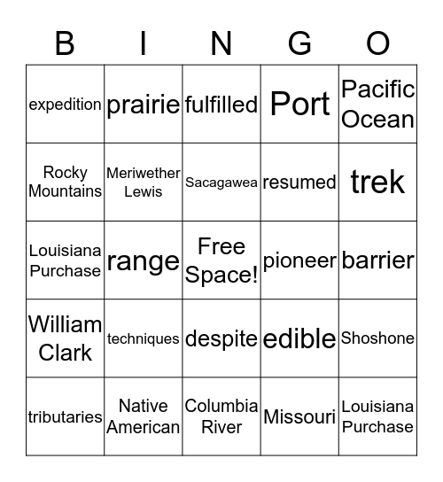 Lewis and Clark Bingo Card