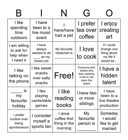 All About Me Bingo Card