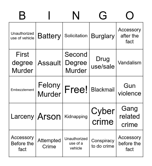 Crime & Law Bingo Card