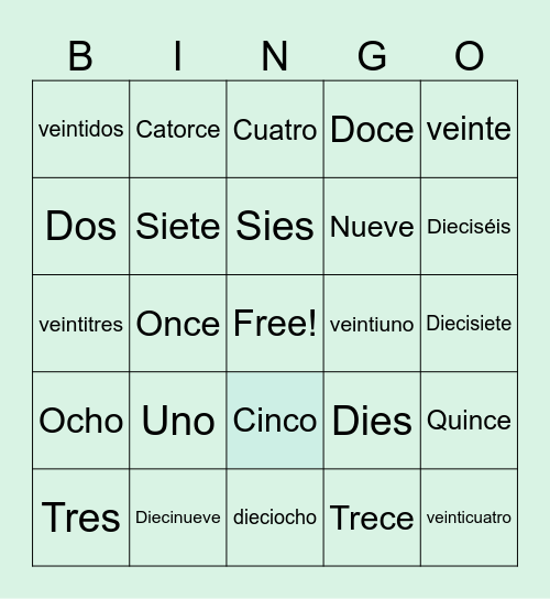 Los Numeros en Espanol! Bingo Card