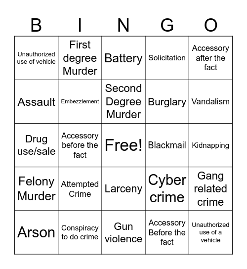 Crime & Law Bingo Card