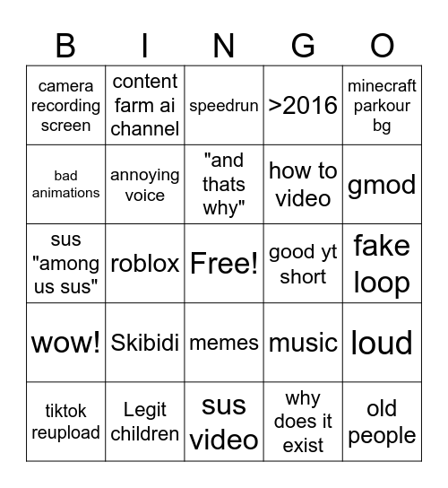 yt shorts bingo Card