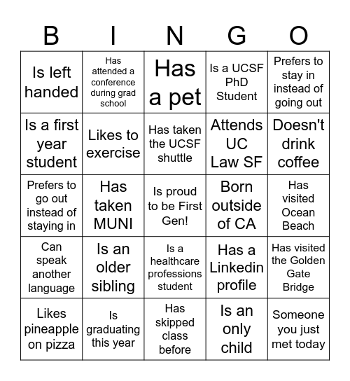 UCSF-UC Law SF First Gen Bingo Card