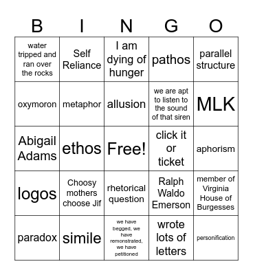 AM LIT A INDIV. AND SOCIETY Bingo Card