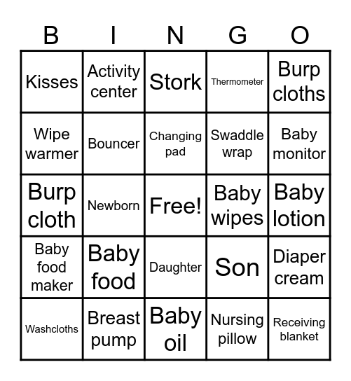 "Baby Shower" Bingo Card