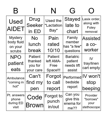 Nurse's Week Bingo-Hospital/ED Bingo Card