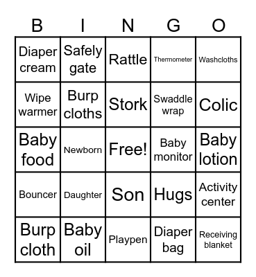 "Baby Shower" Bingo Card