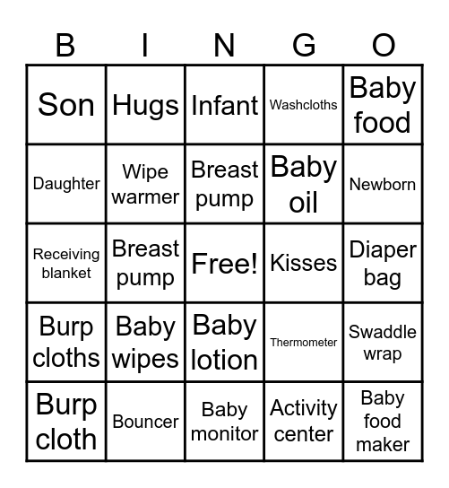 "Baby Shower" Bingo Card