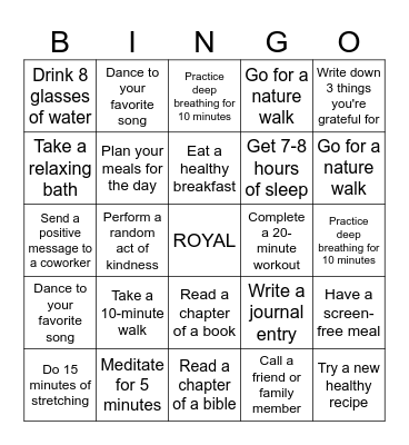 Royal Self-Care Bingo Card