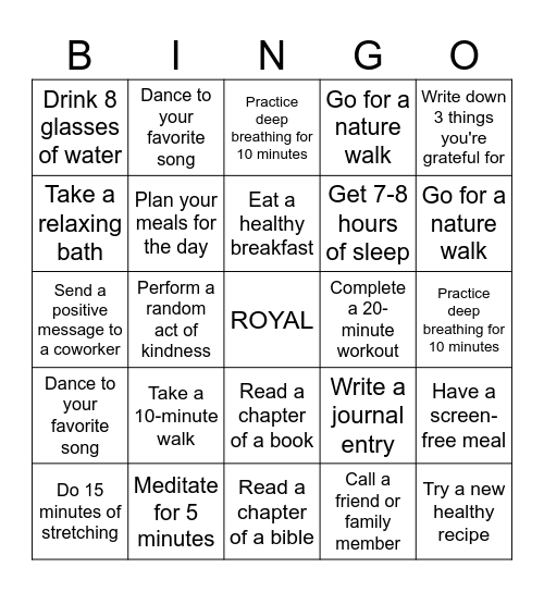 Royal Self-Care Bingo Card