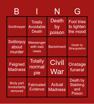 Shakespeare Tragedy Bingo Card